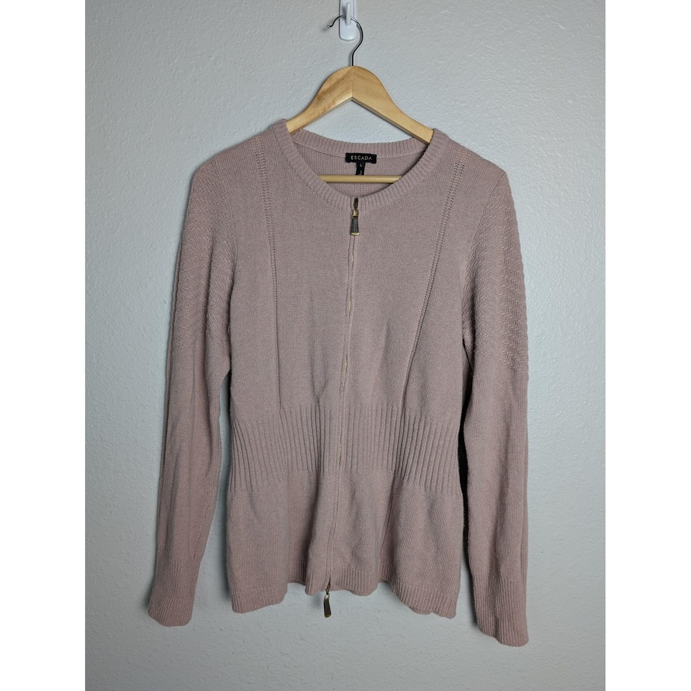 Escada‎ Cardigan Sweater Womens Large Pink Wool Cashmere Knit Zip Front Crewneck